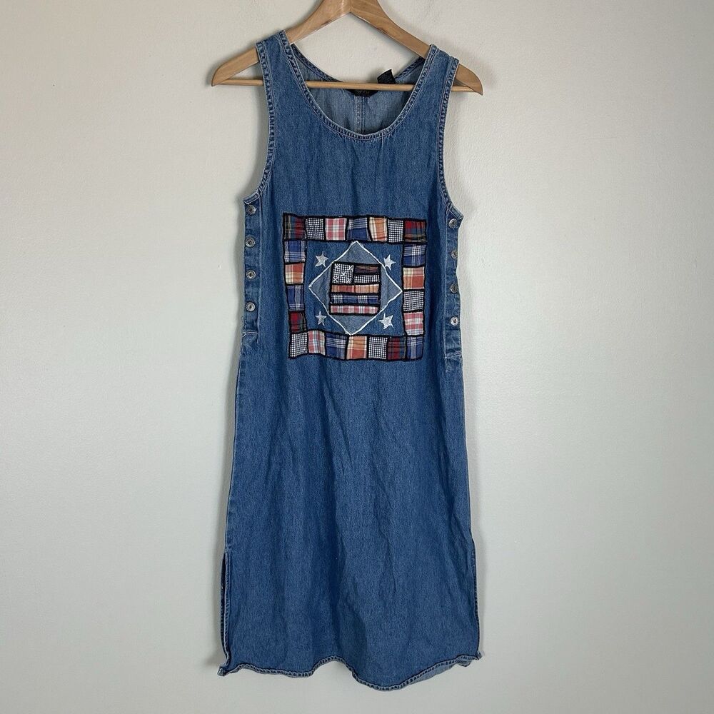 Agapo S Jean Dress Midi Patchwork American Flag Patriotic Pinafore Jumper Denim